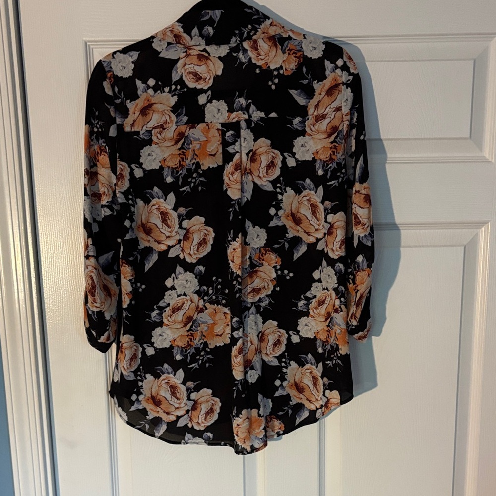 A. Byer Black Blouse with Orange and Cream Floral Pattern - Picture 3 of 3